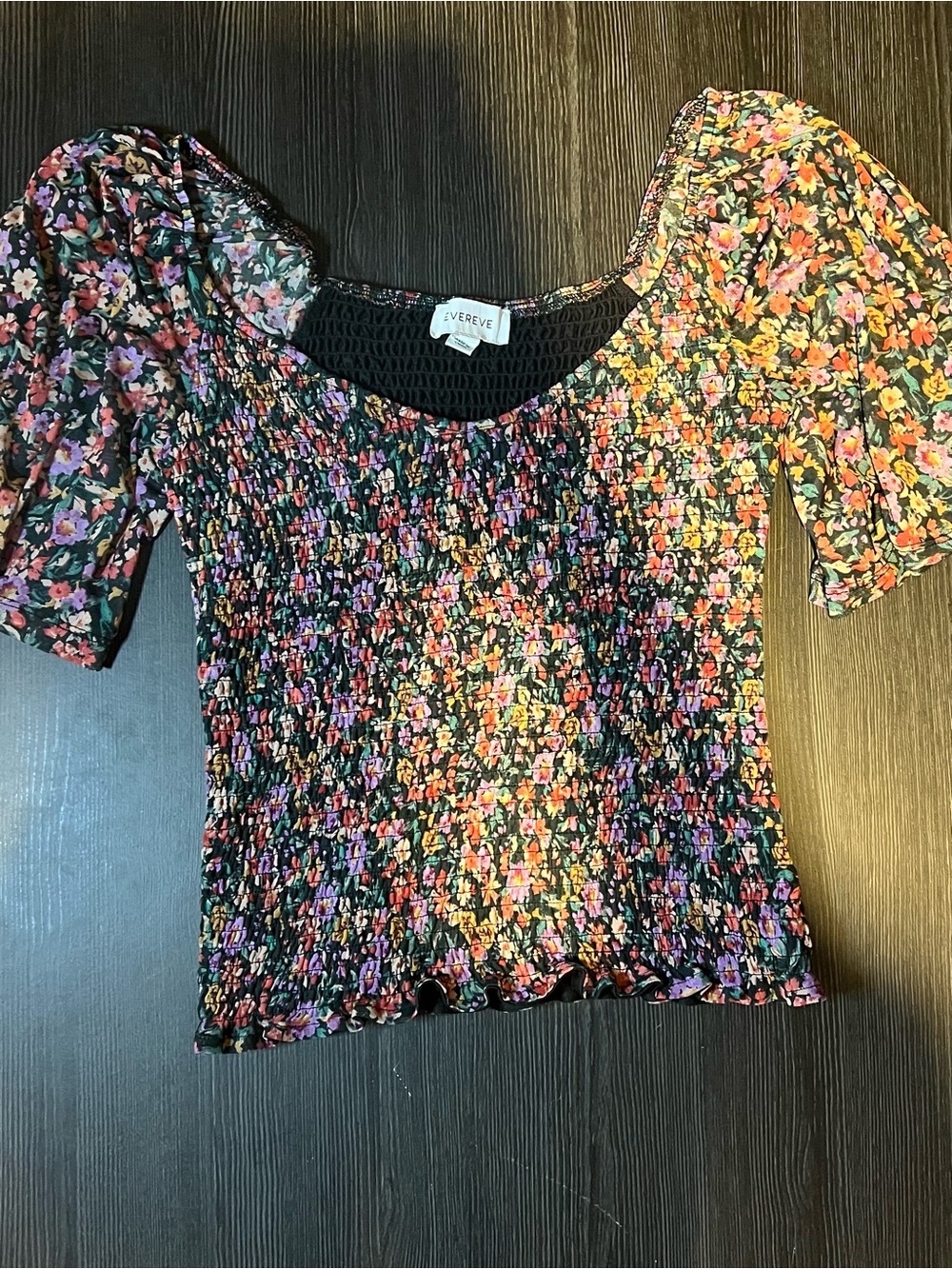 Evereve Floral Smocked Floral Puff Sleeve Top — Black Multicolor Small